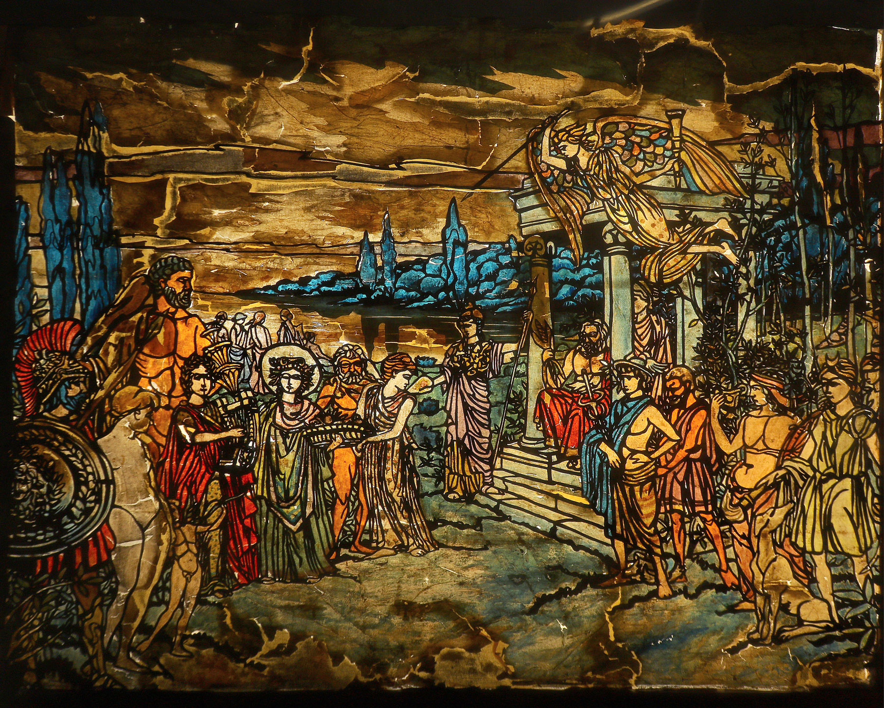 Panneau en zinc, papiers colorés et bois réalisé pour la pièce de théâtre d’ombre La tentation de saint Antoine
